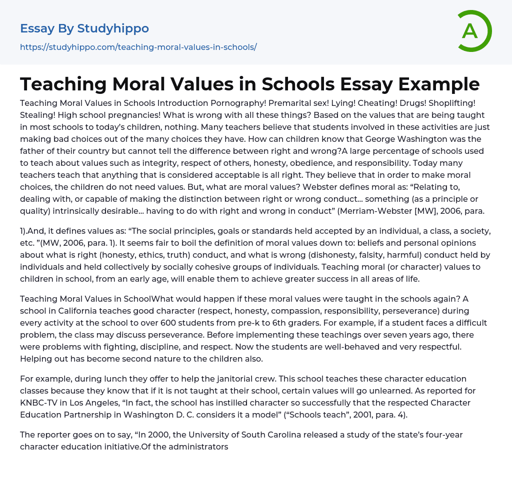 Teaching Moral Values in Schools Essay Example