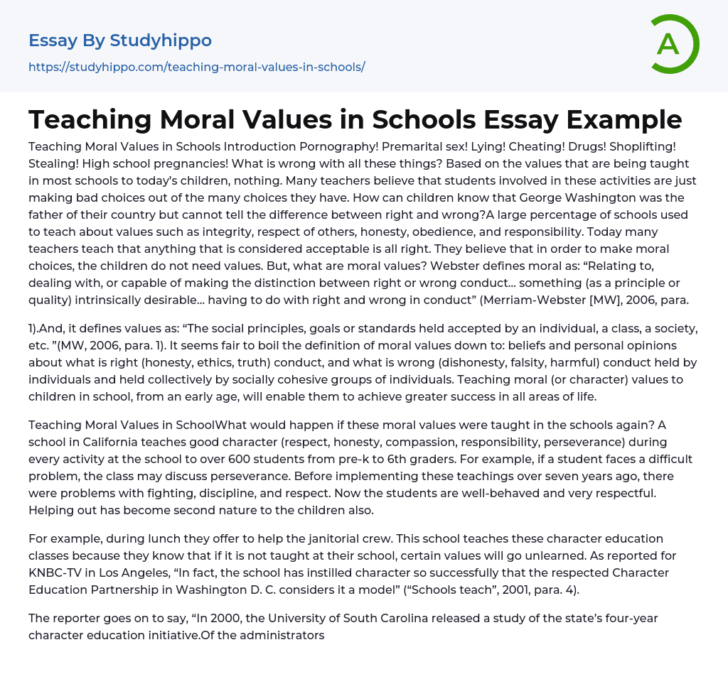 Teaching Moral Values In Schools Essay Example StudyHippo