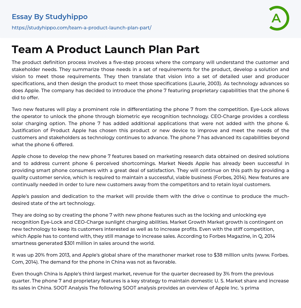 Team A Product Launch Plan Part Essay Example