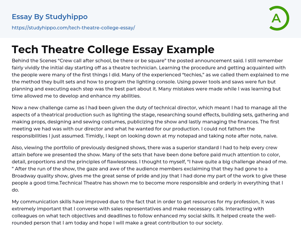 Tech Theatre College Essay Example