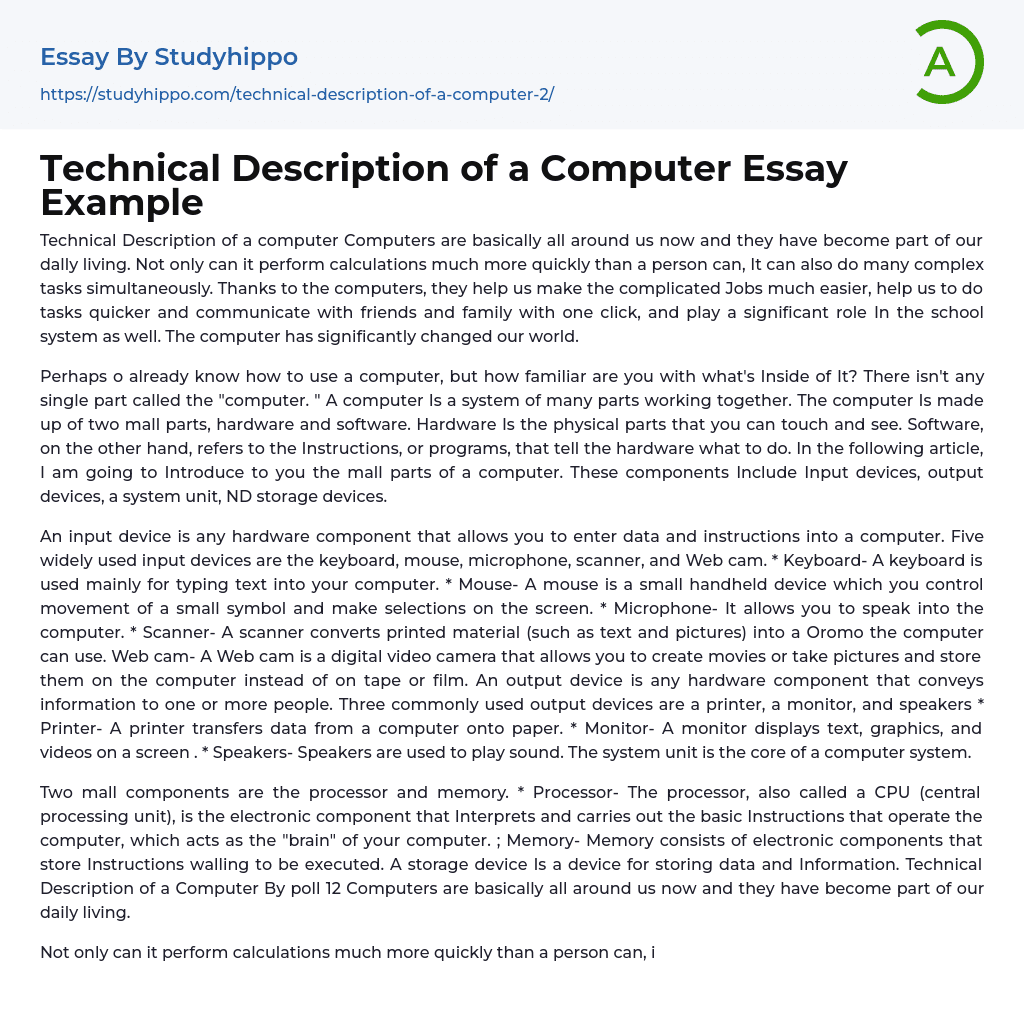 Technical Description of a Computer Essay Example