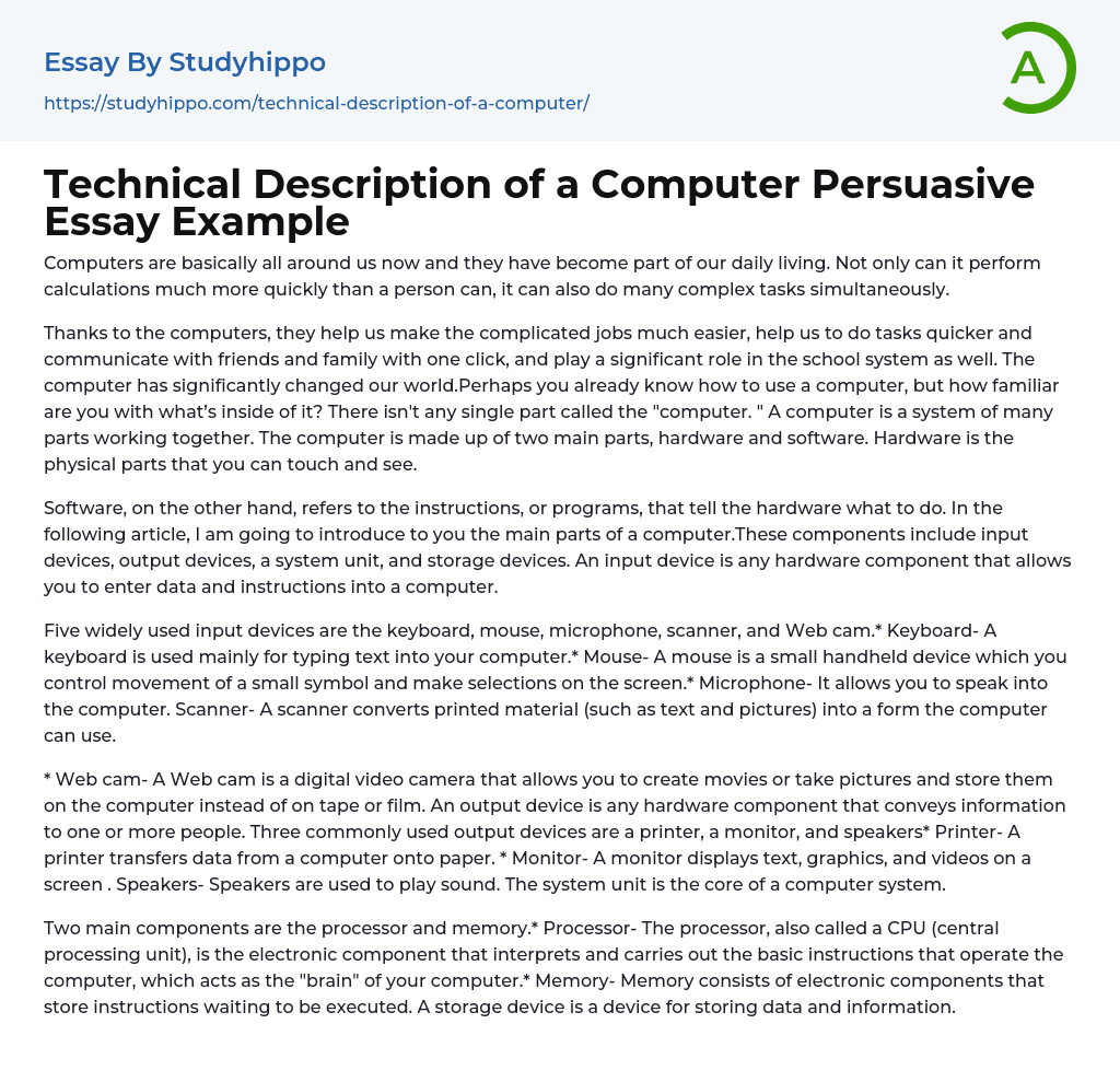 Technical Description of a Computer Persuasive Essay Example