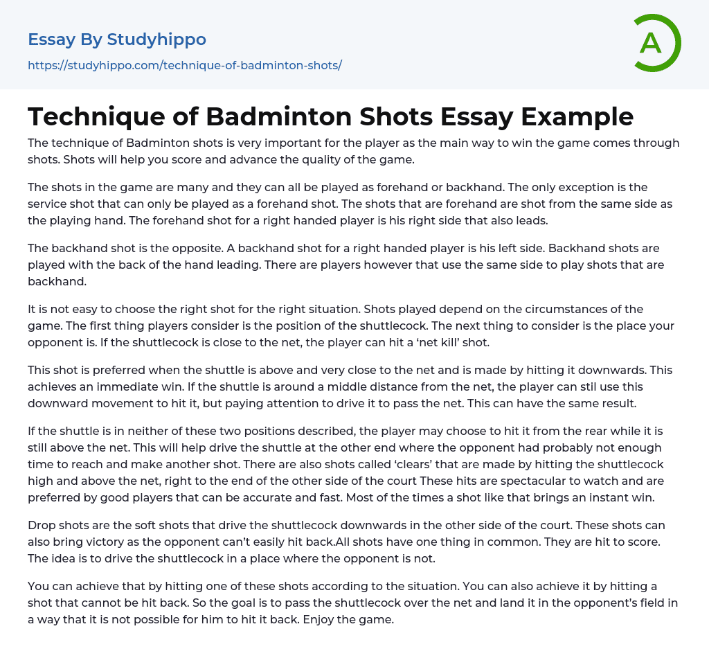 Technique of Badminton Shots Essay Example