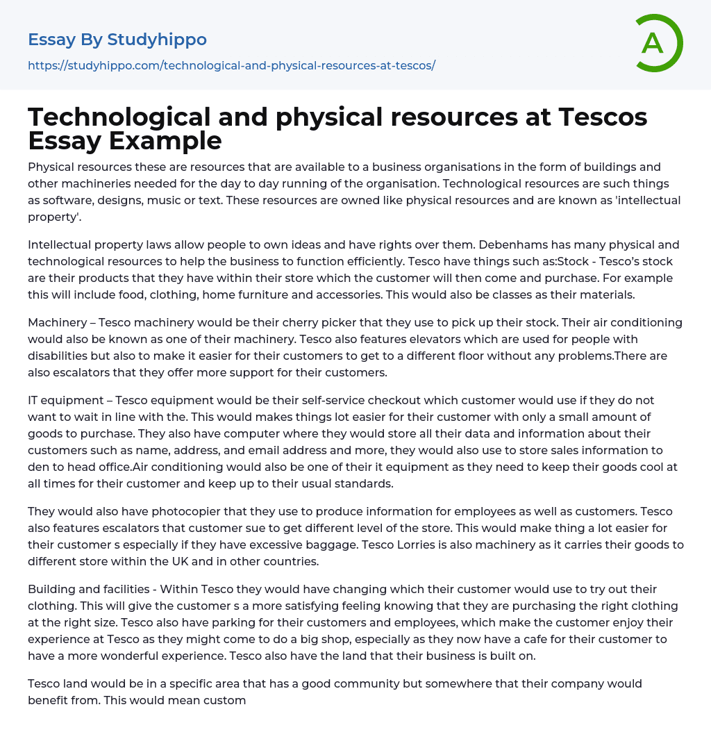 Technological and physical resources at Tescos Essay Example