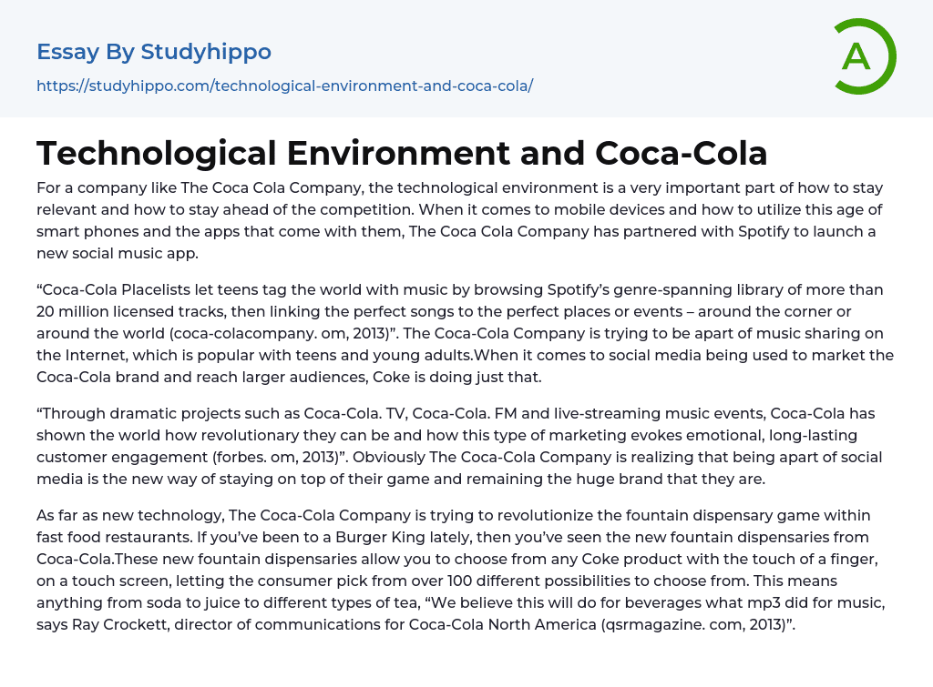 Technological Environment and Coca-Cola Essay Example