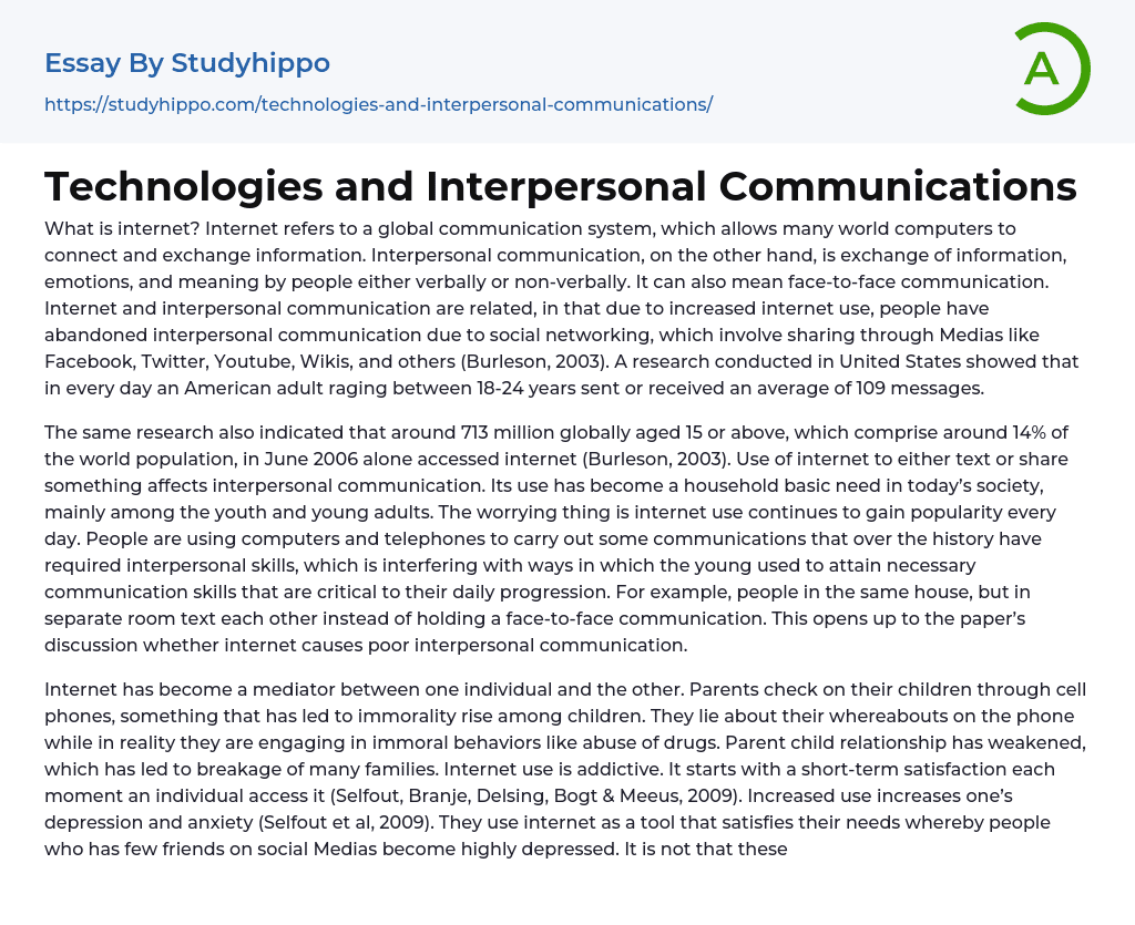 Technologies and Interpersonal Communications Essay Example