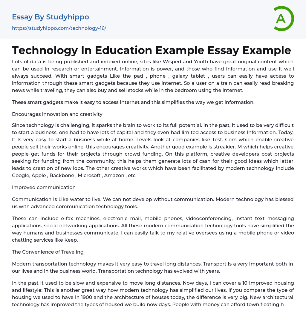 Technology In Education Example Essay Example