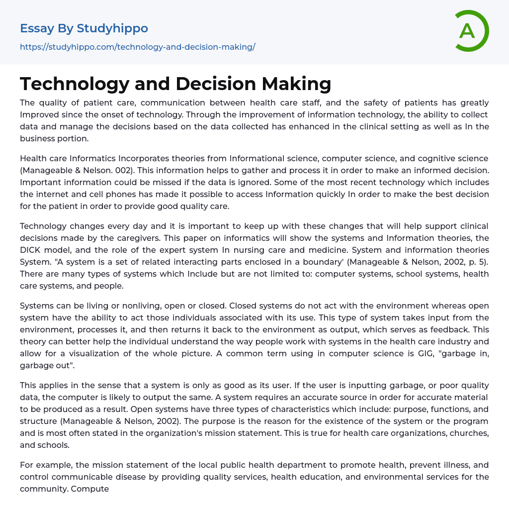 Technology and Decision Making Essay Example