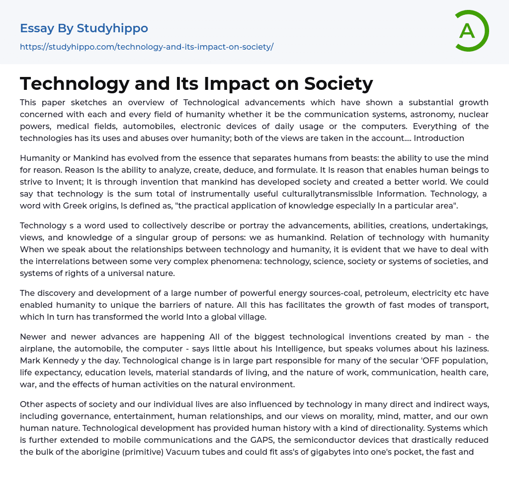 Technology And Its Impact On Society Essay Example StudyHippo