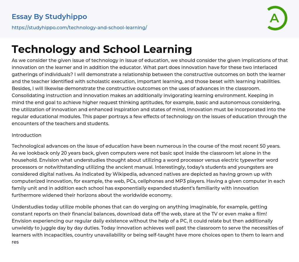 Technology and School Learning Essay Example