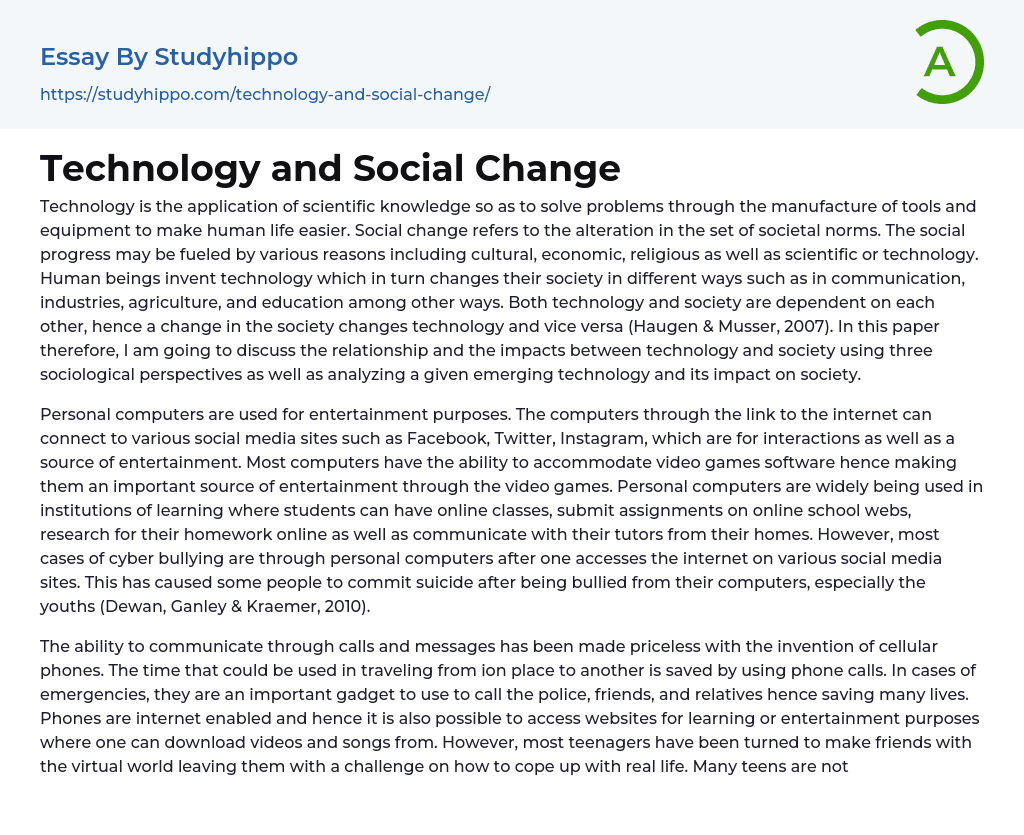 Technology and Social Change Essay Example