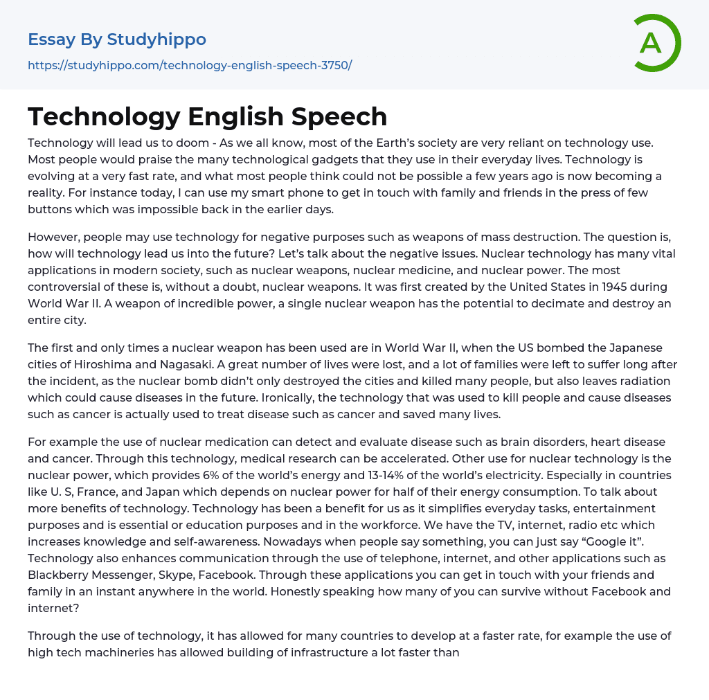 Technology English Speech Essay Example