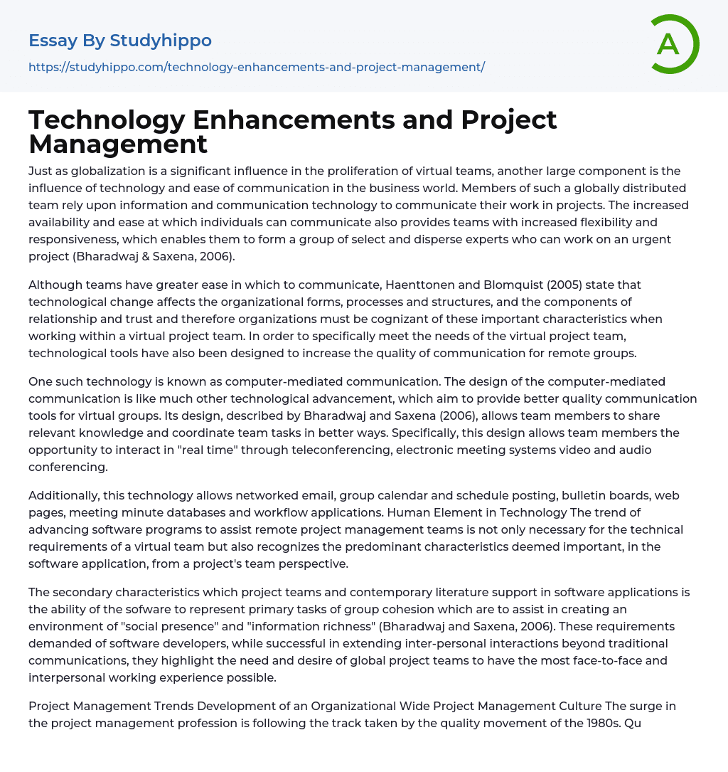 Technology Enhancements and Project Management Essay Example
