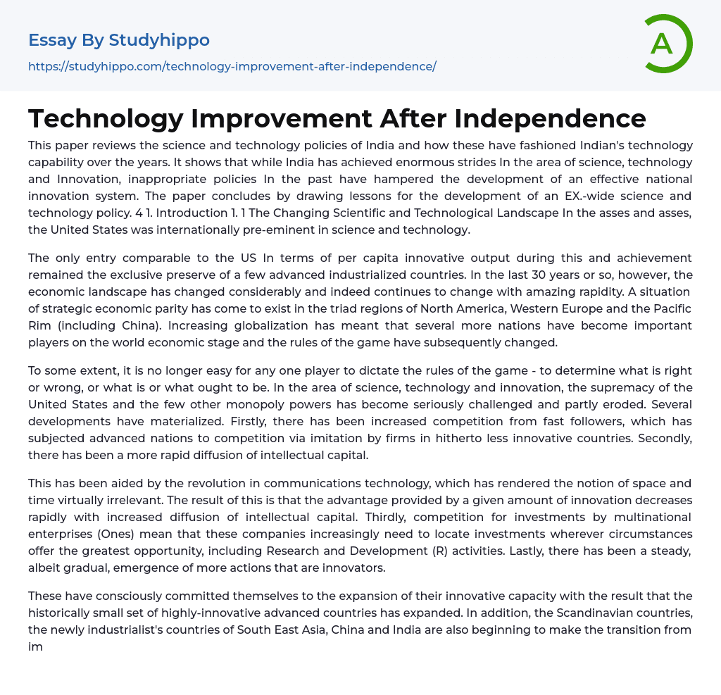 Technology Improvement After Independence Essay Example