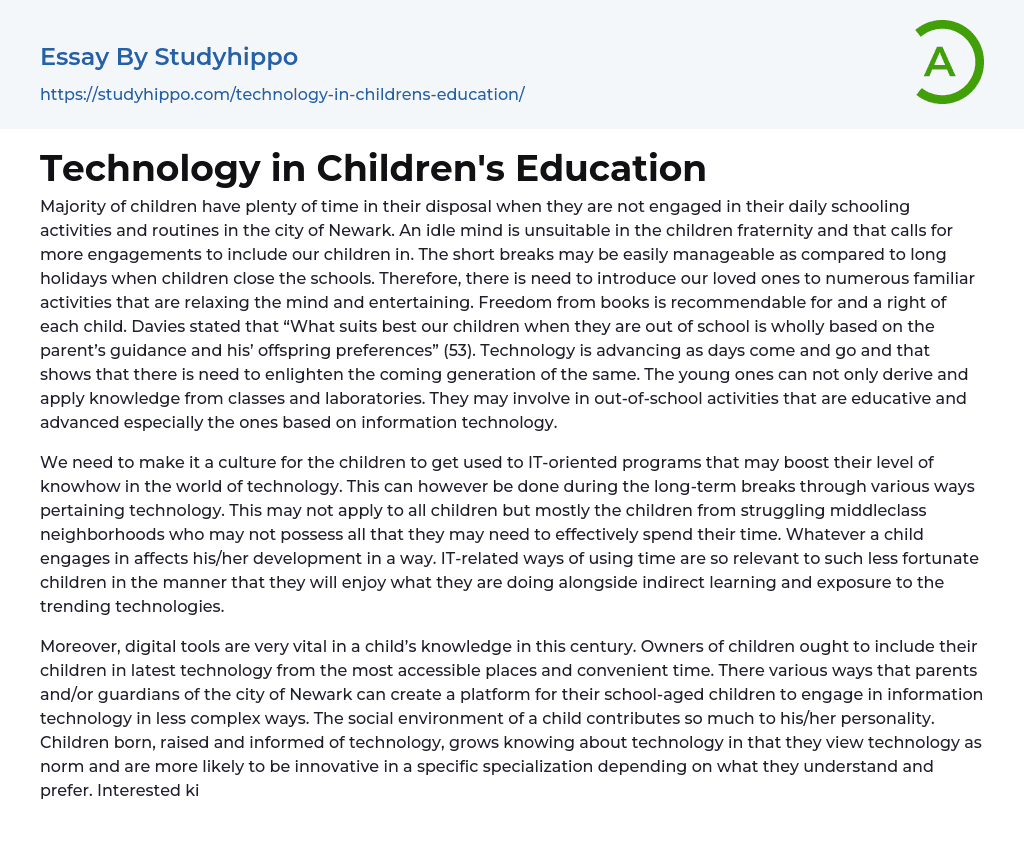 Technology in Children’s Education Essay Example