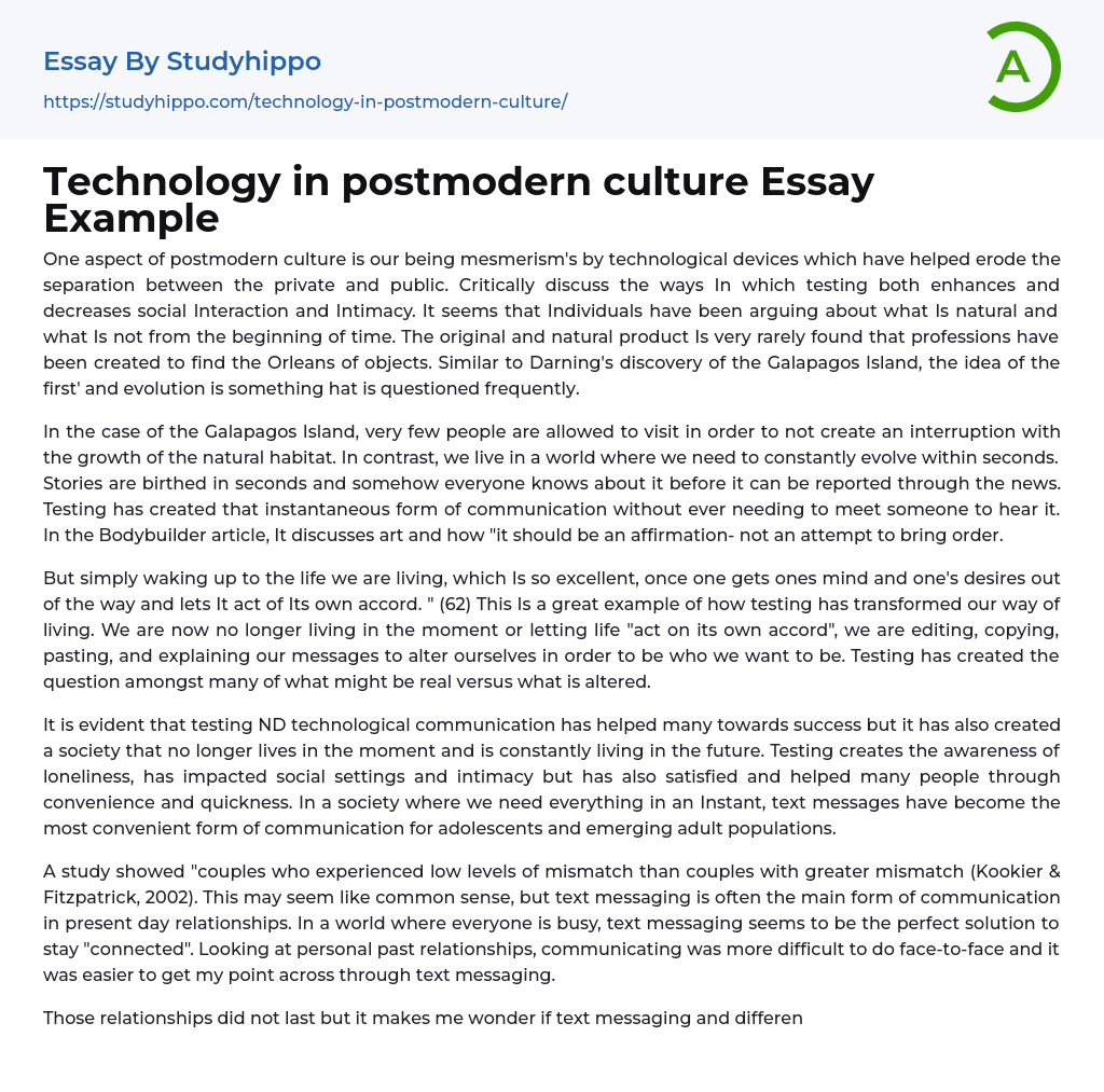 Technology in postmodern culture Essay Example