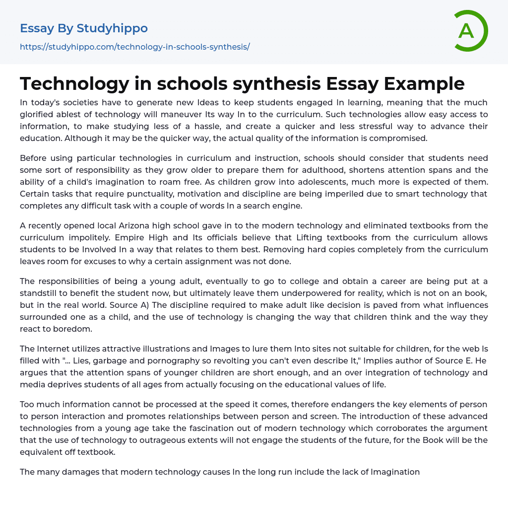Technology in schools synthesis Essay Example