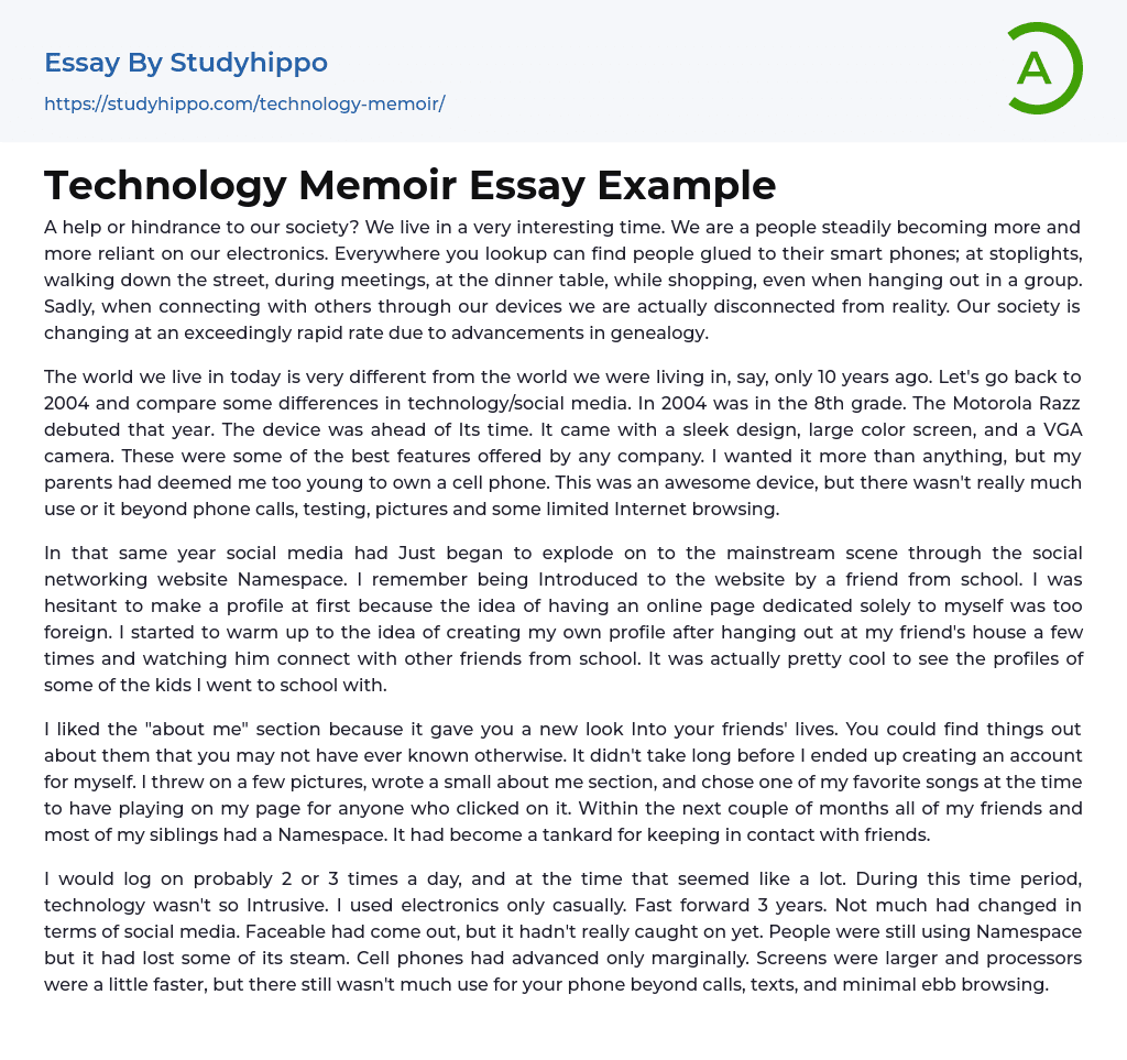Technology Memoir Essay Example