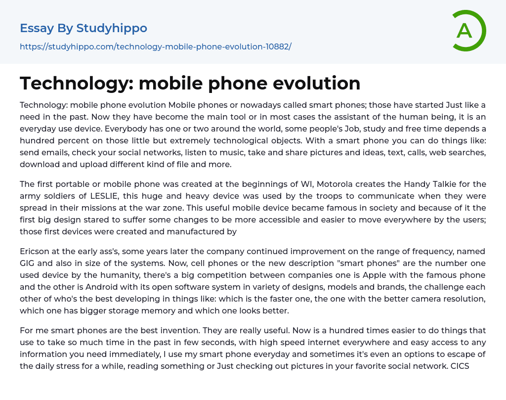 Technology: mobile phone evolution Essay Example
