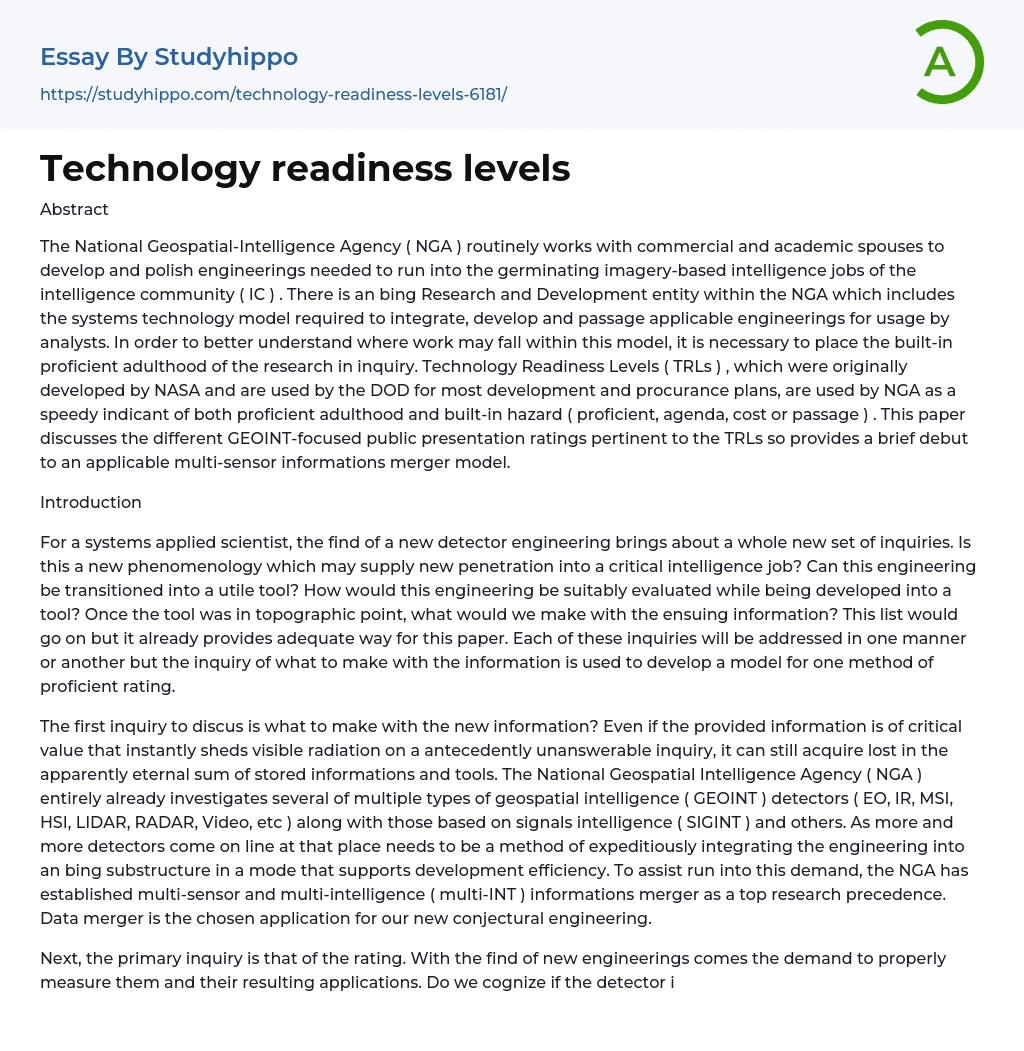 Technology readiness levels Essay Example