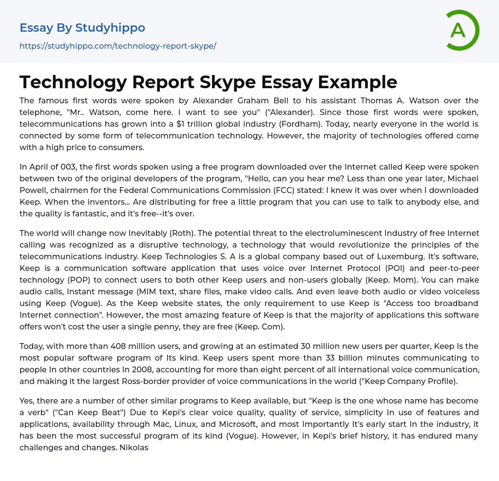 Technology Report Skype Essay Example