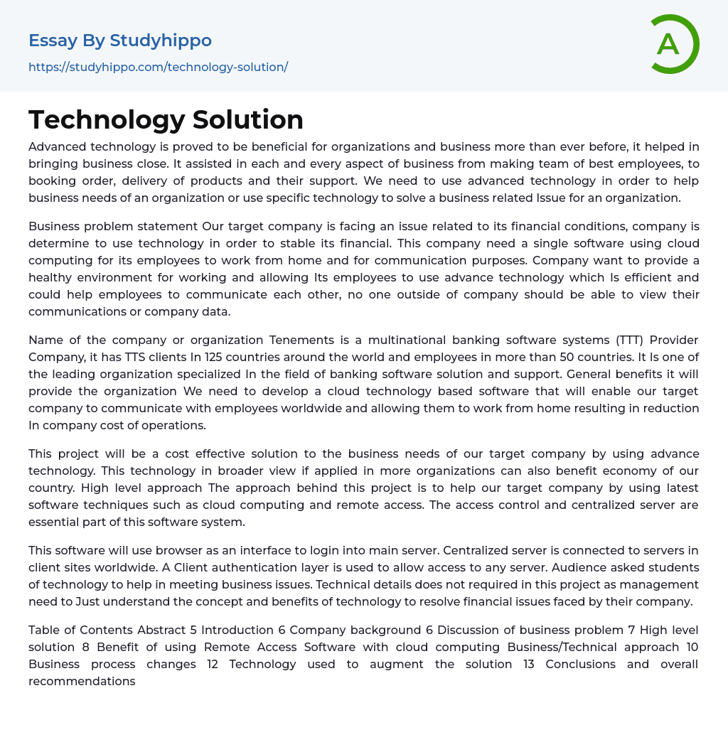 Technology Solution Essay Example