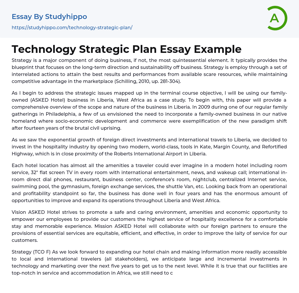 Technology Strategic Plan Essay Example