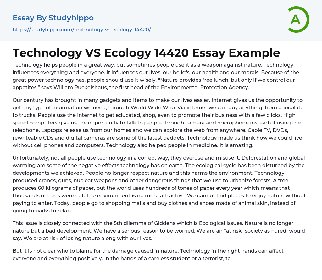 Technology VS Ecology 14420 Essay Example