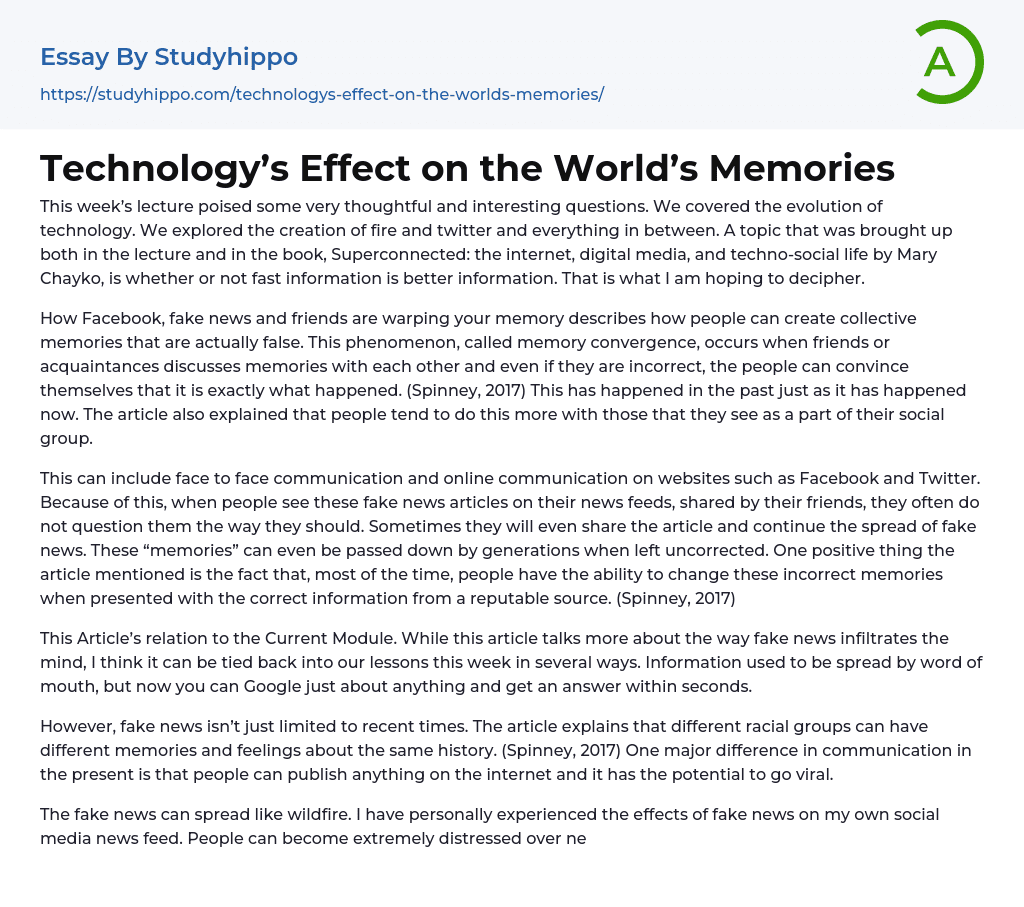 Technology’s Effect on the World’s Memories Essay Example