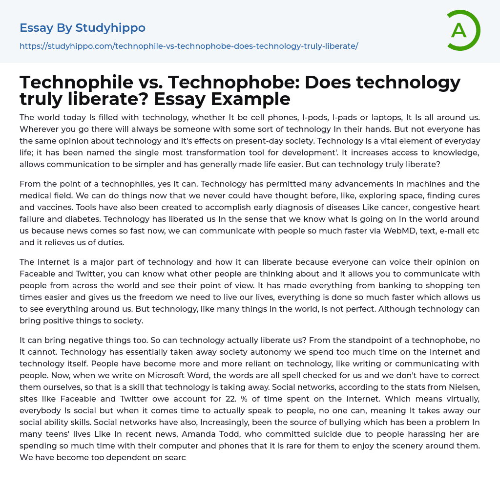 Technophile vs. Technophobe: Does technology truly liberate? Essay Example