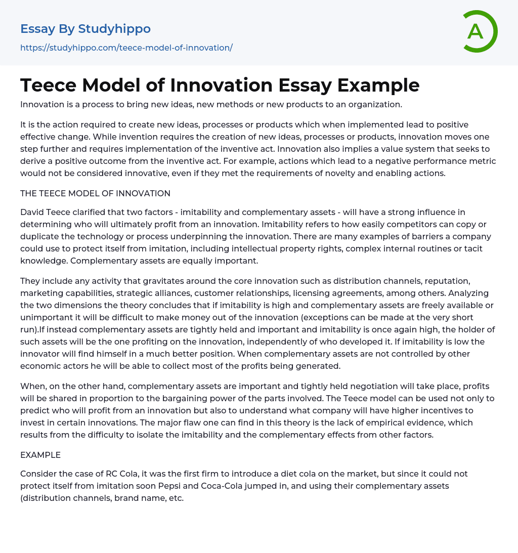 Teece Model of Innovation Essay Example