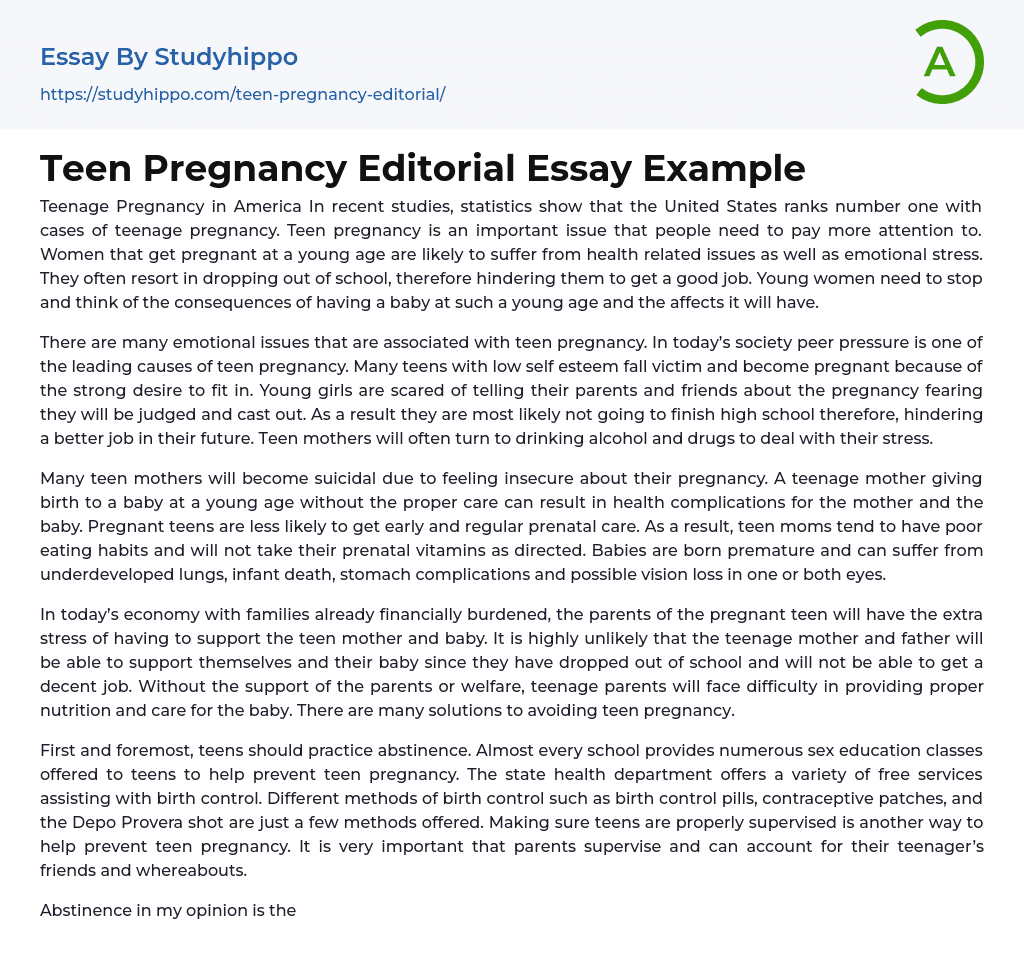 Teen Pregnancy Editorial Essay Example