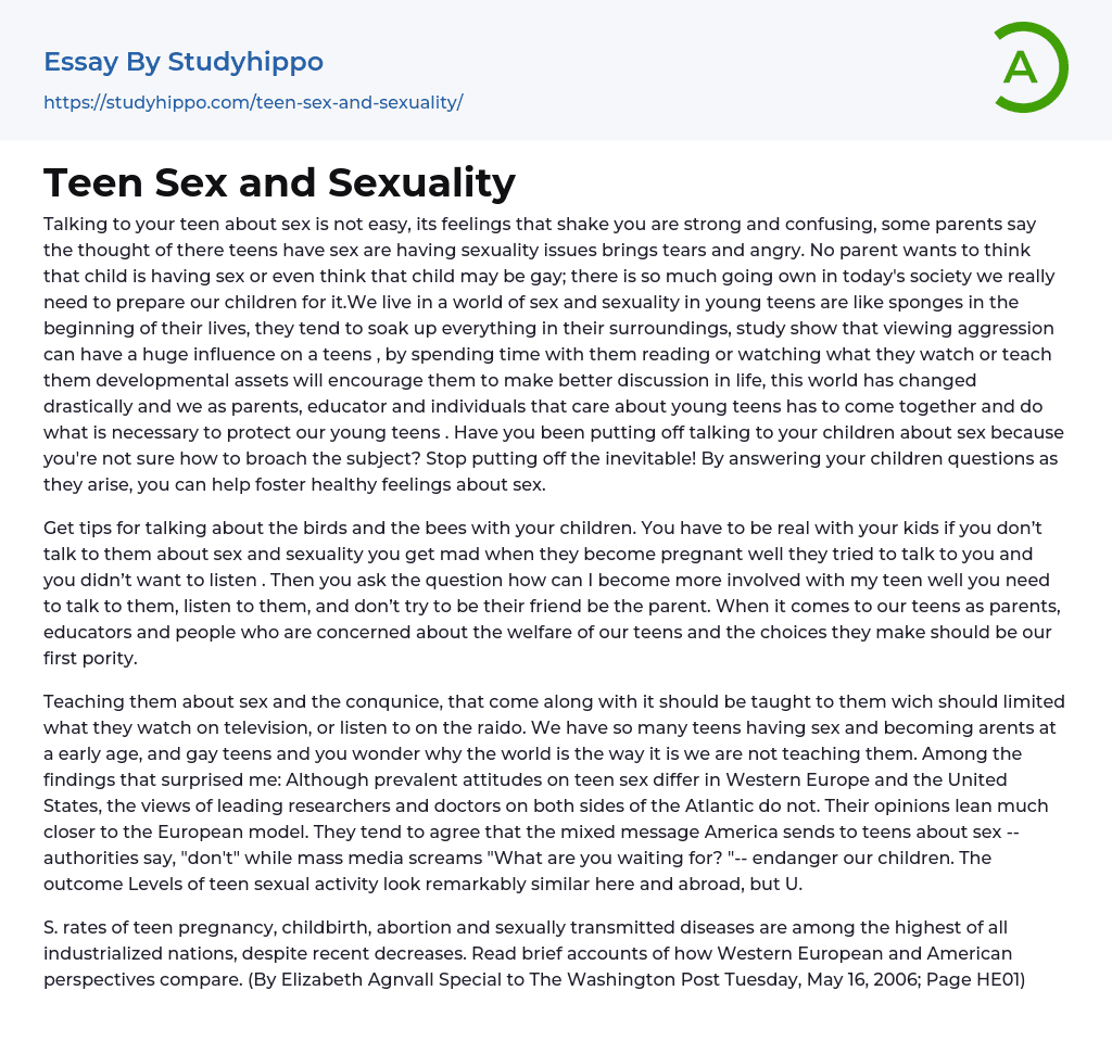 Teen Sex and Sexuality Essay Example
