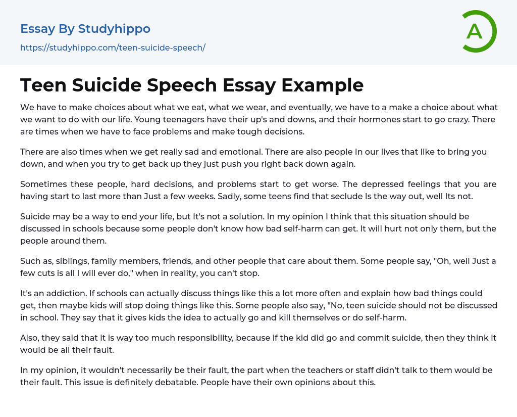 Teen Suicide Speech Essay Example