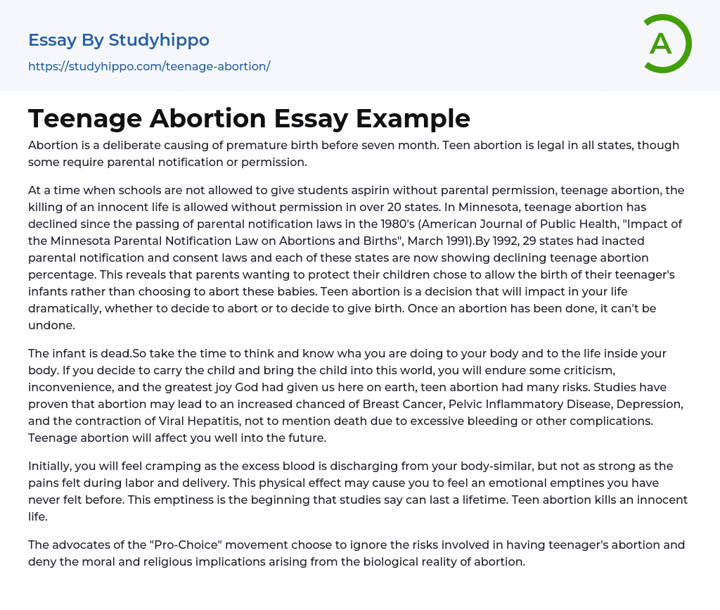 Teenage Abortion Essay Example