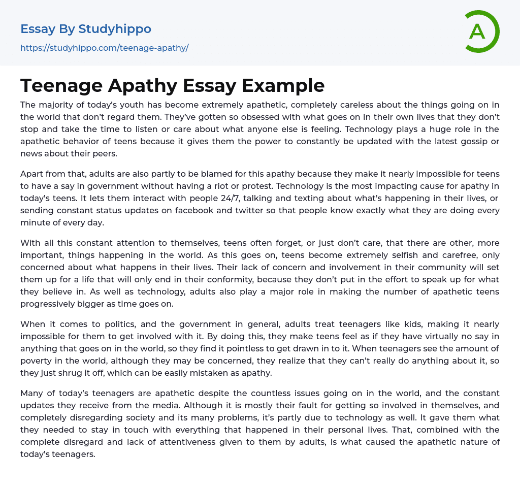 Teenage Apathy Essay Example