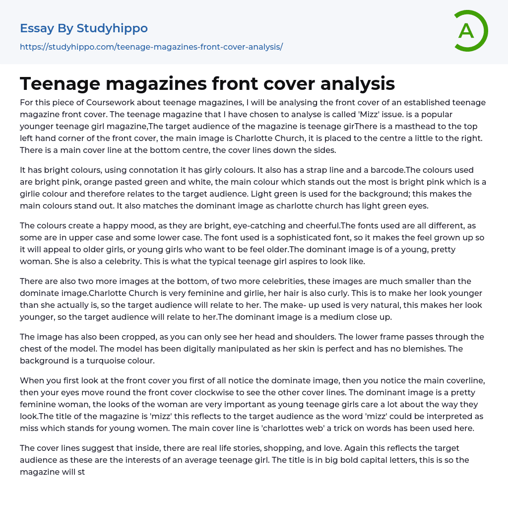 Teenage magazines front cover analysis Essay Example