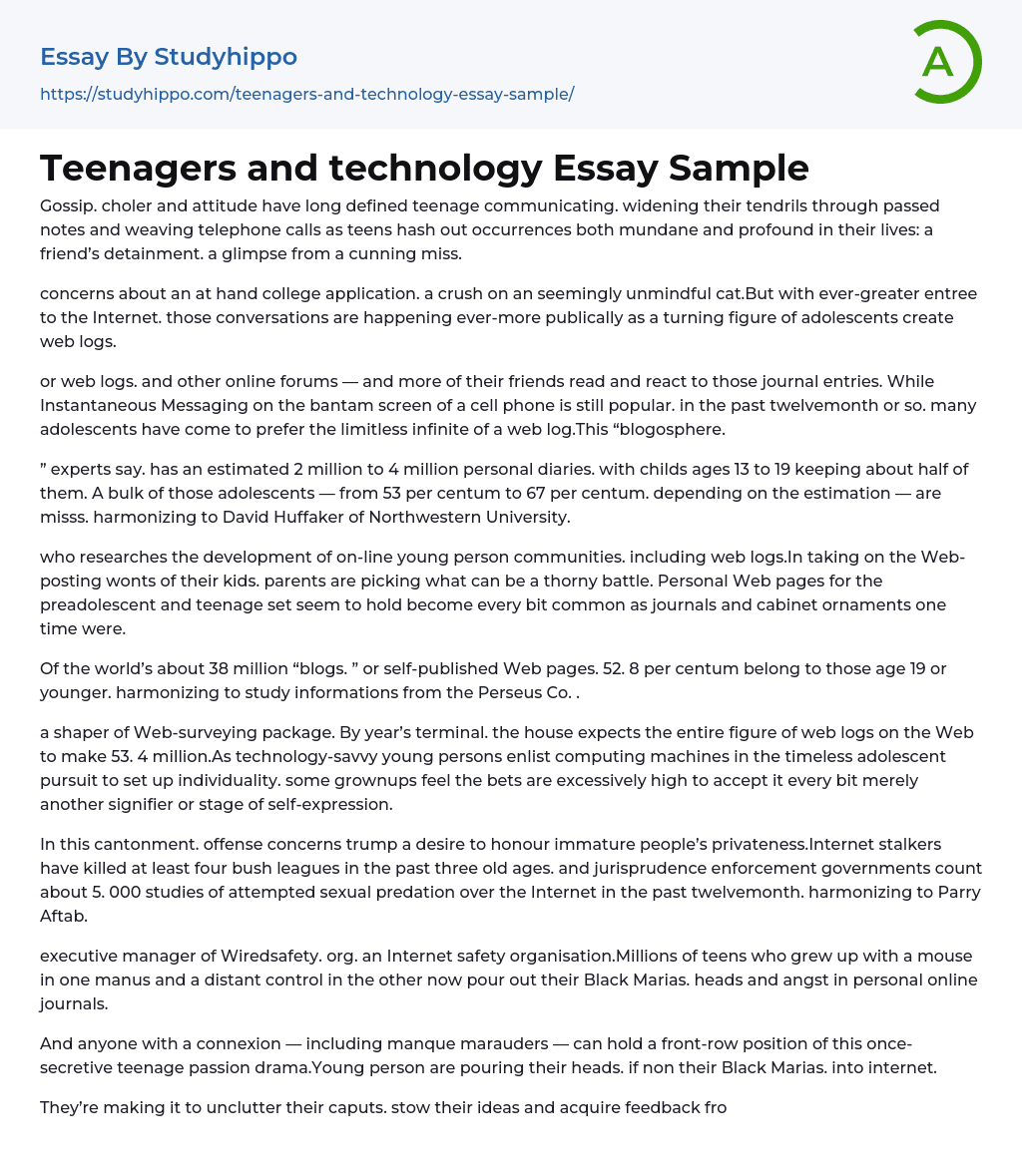 Teenagers and technology Essay Sample