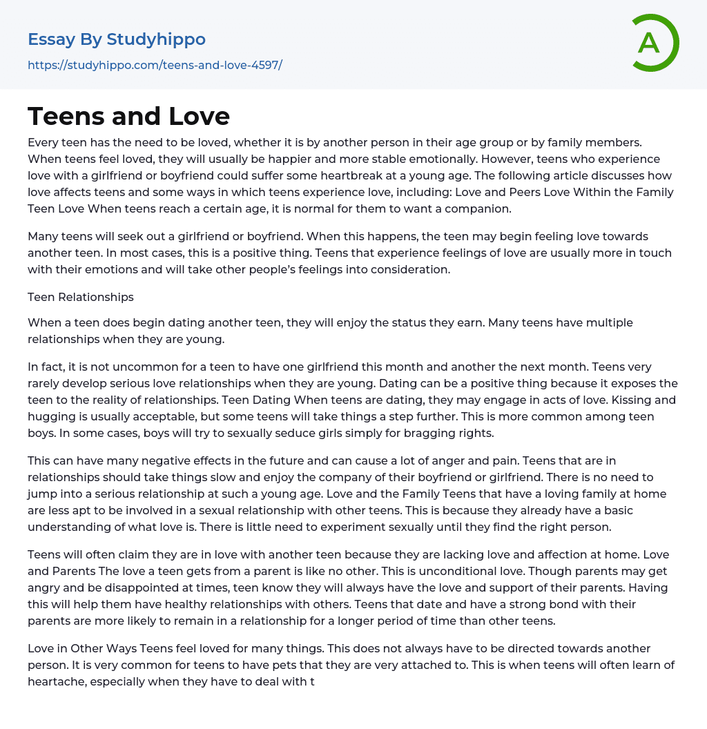 Teens and Love Essay Example