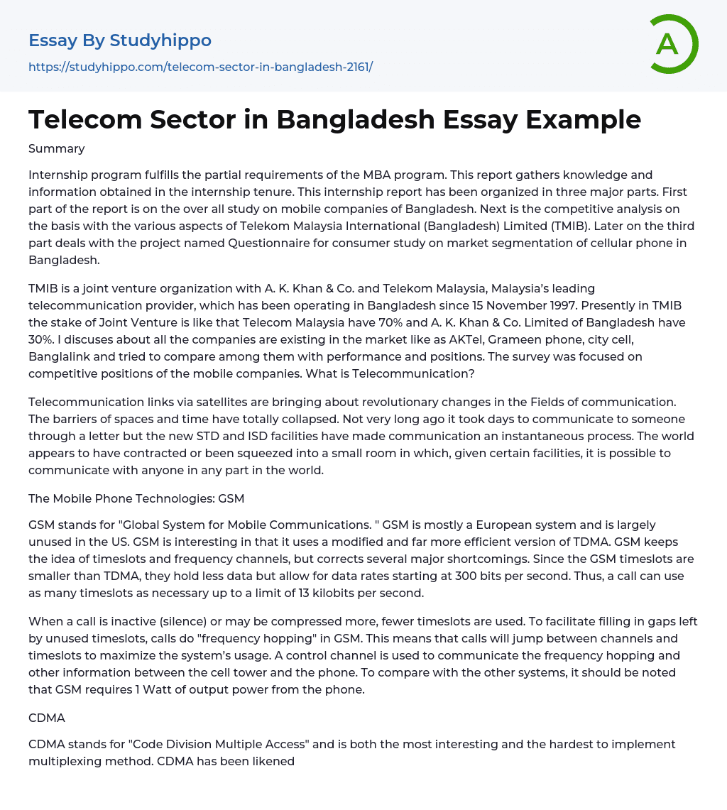 Telecom Sector in Bangladesh Essay Example