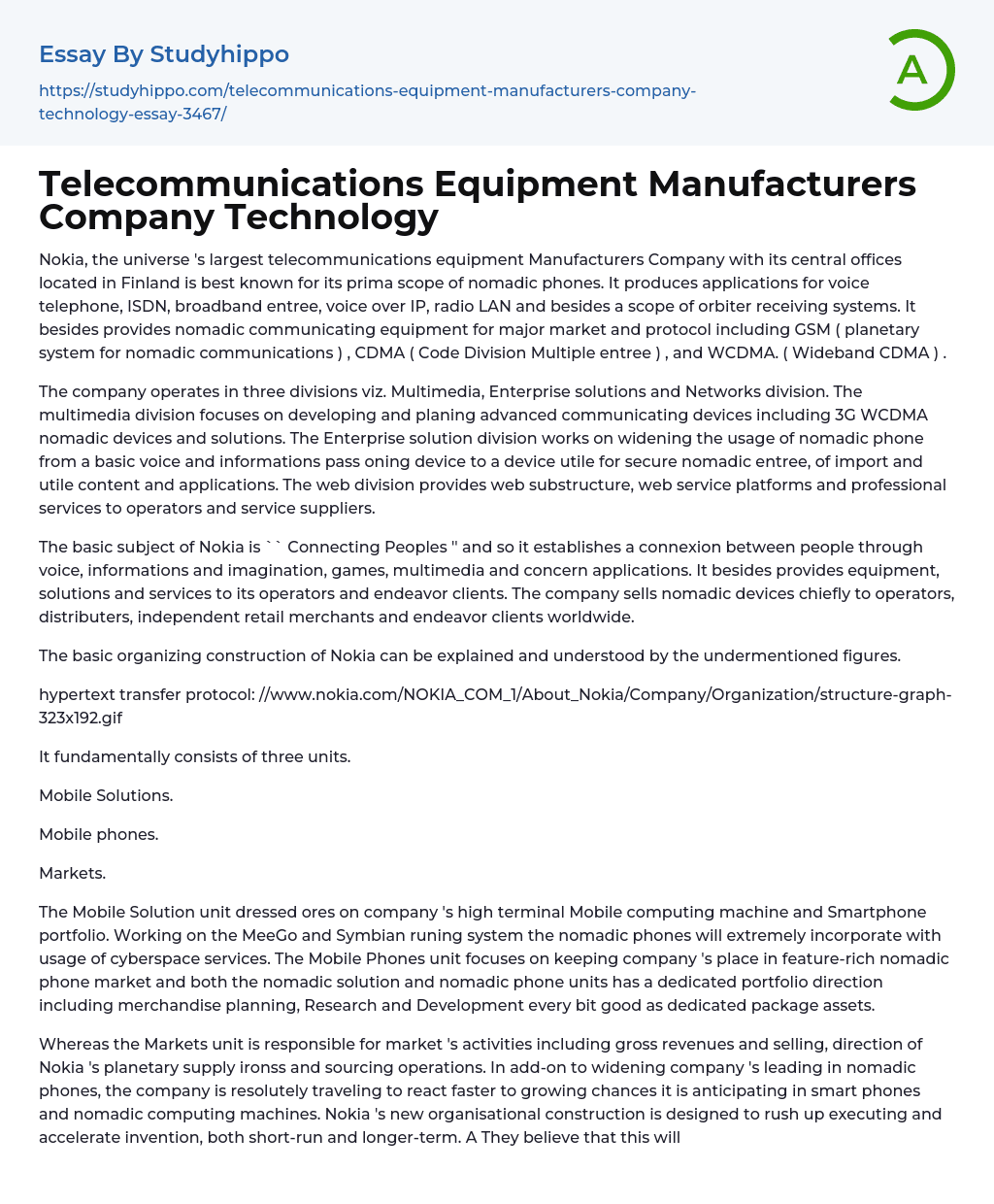 Telecommunications Equipment Manufacturers Company Technology Essay Example