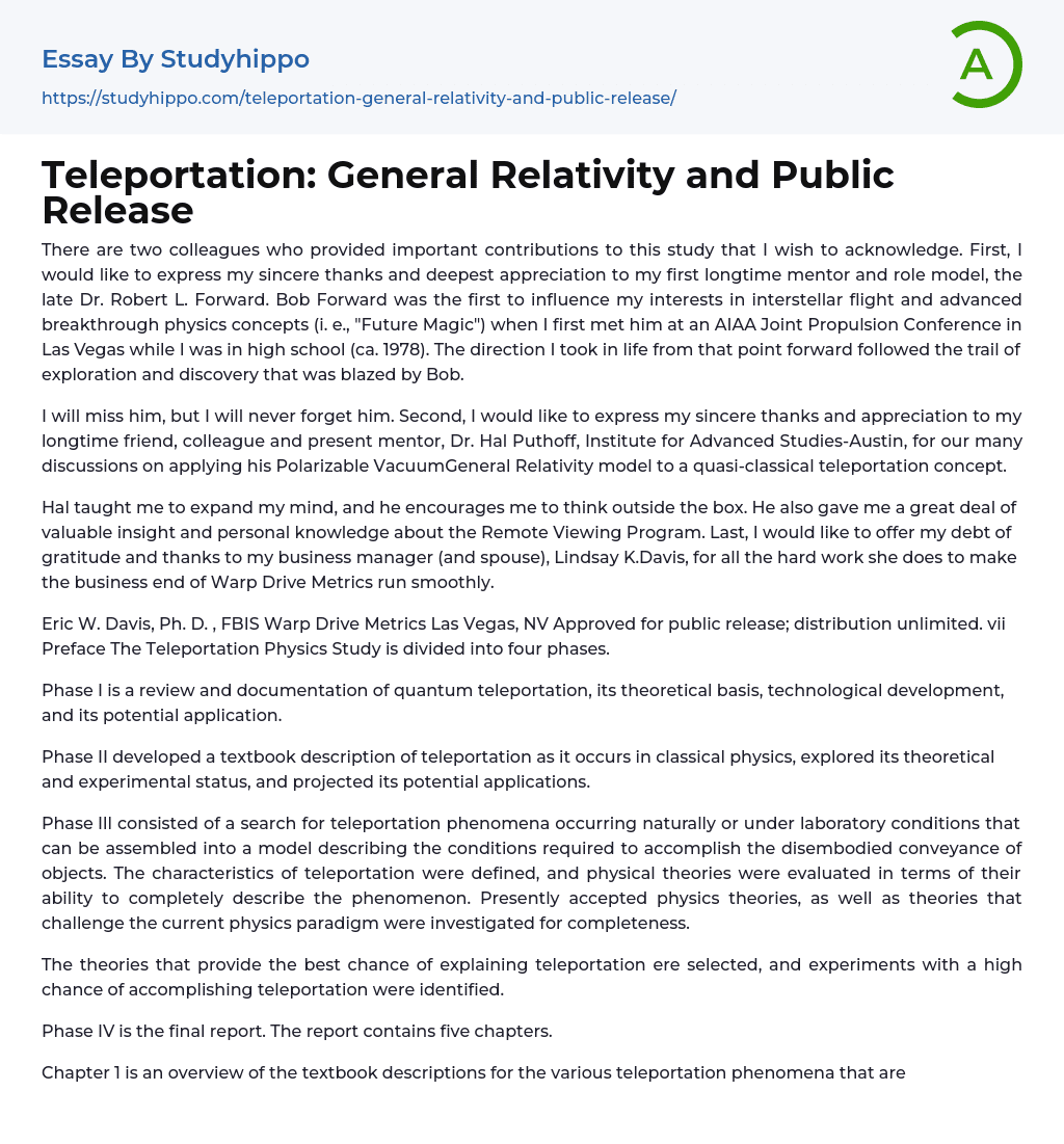 Teleportation: General Relativity and Public Release Essay Example