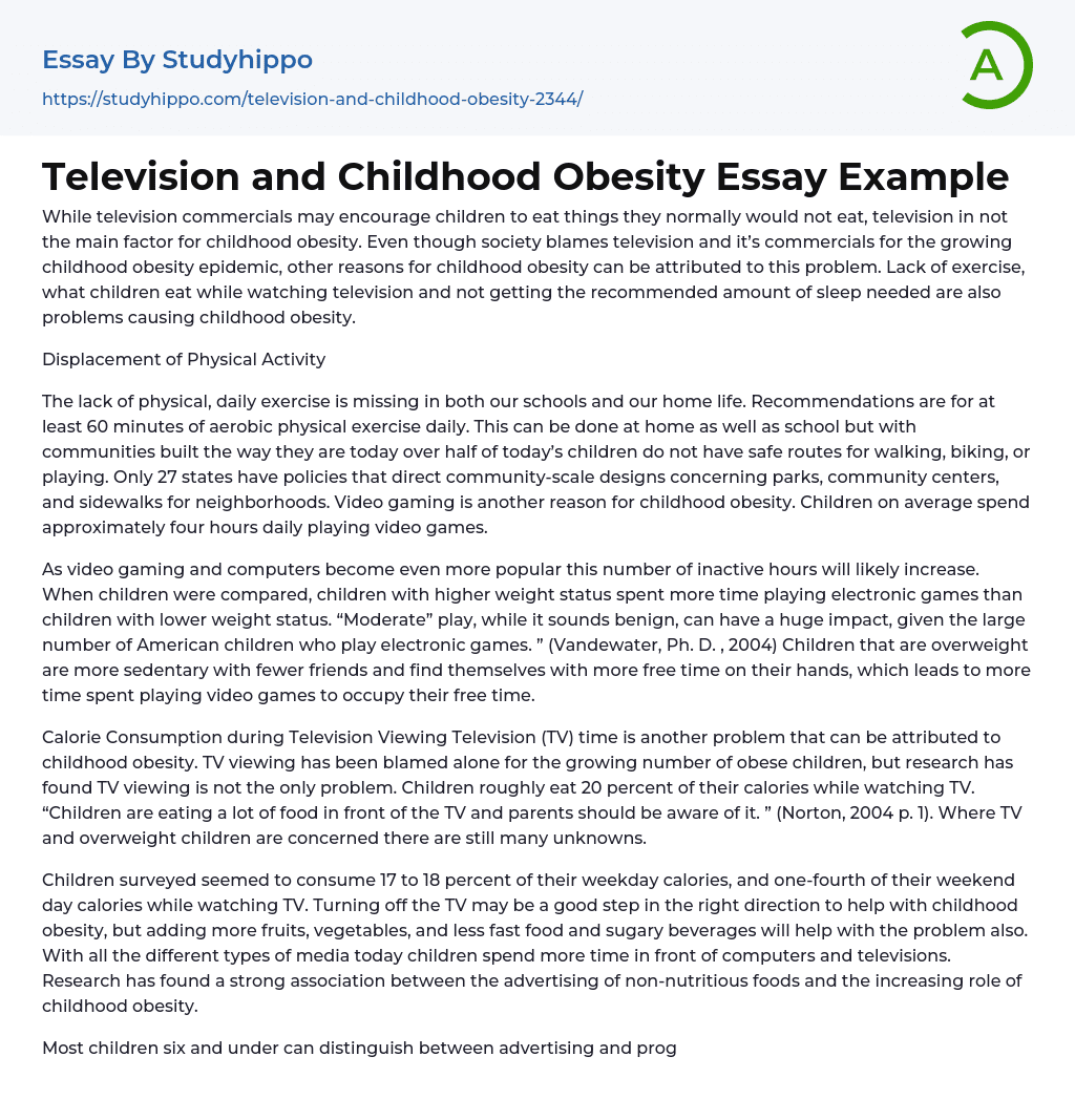 Television and Childhood Obesity Essay Example