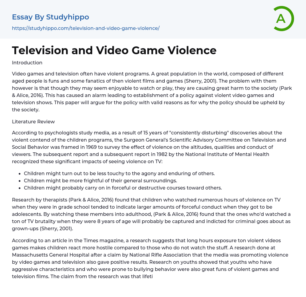 Television and Video Game Violence Essay Example