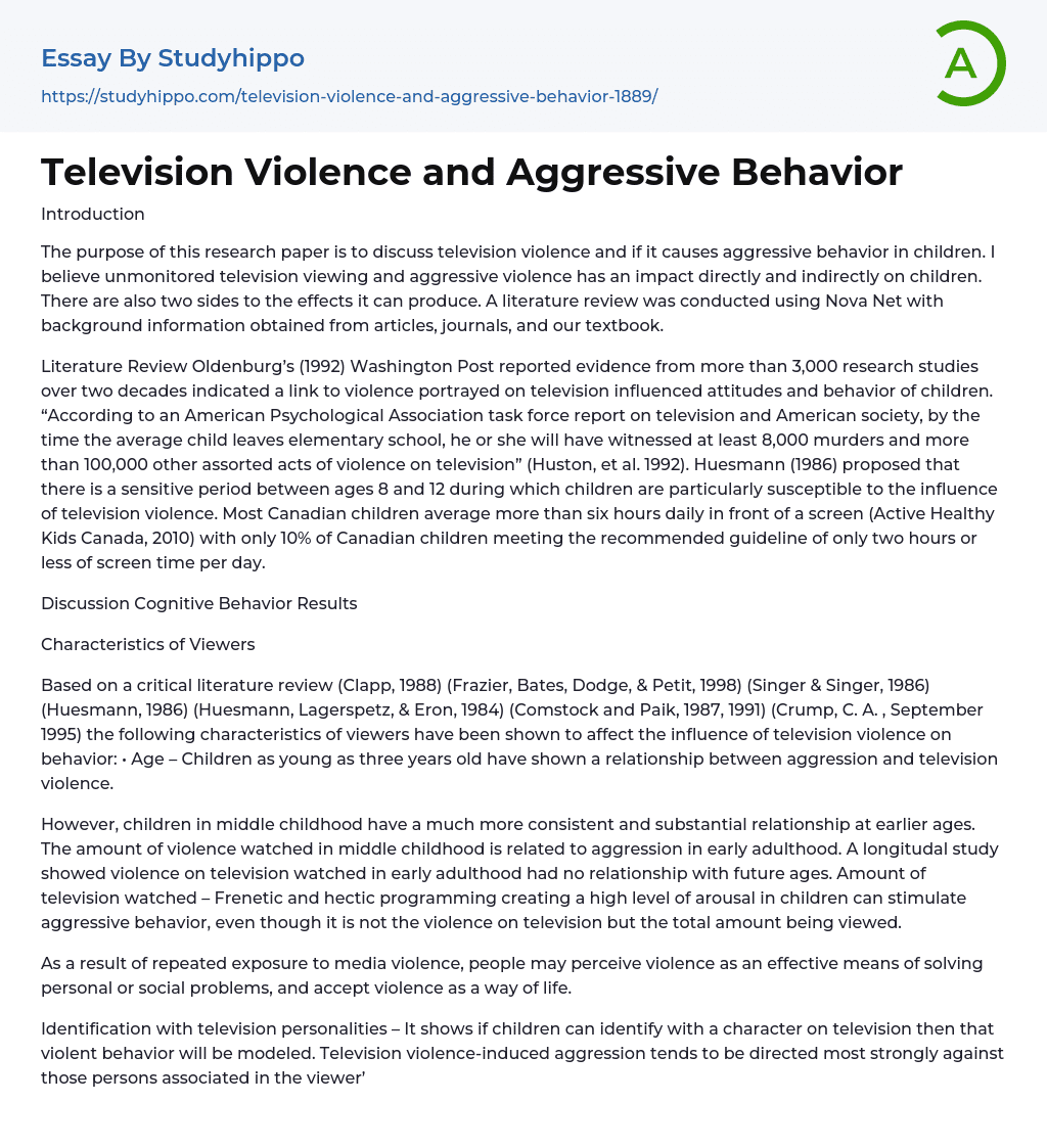 Television Violence and Aggressive Behavior Essay Example