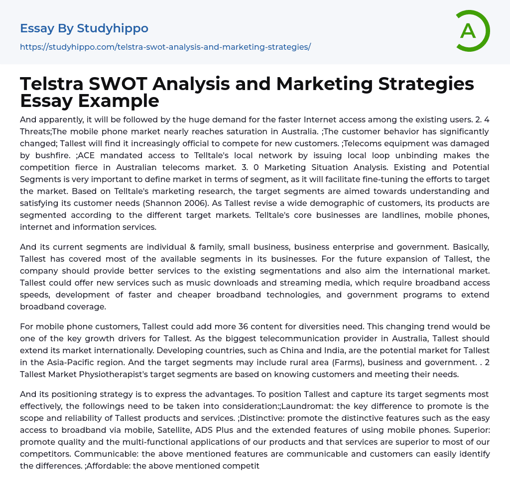 Telstra SWOT Analysis and Marketing Strategies Essay Example