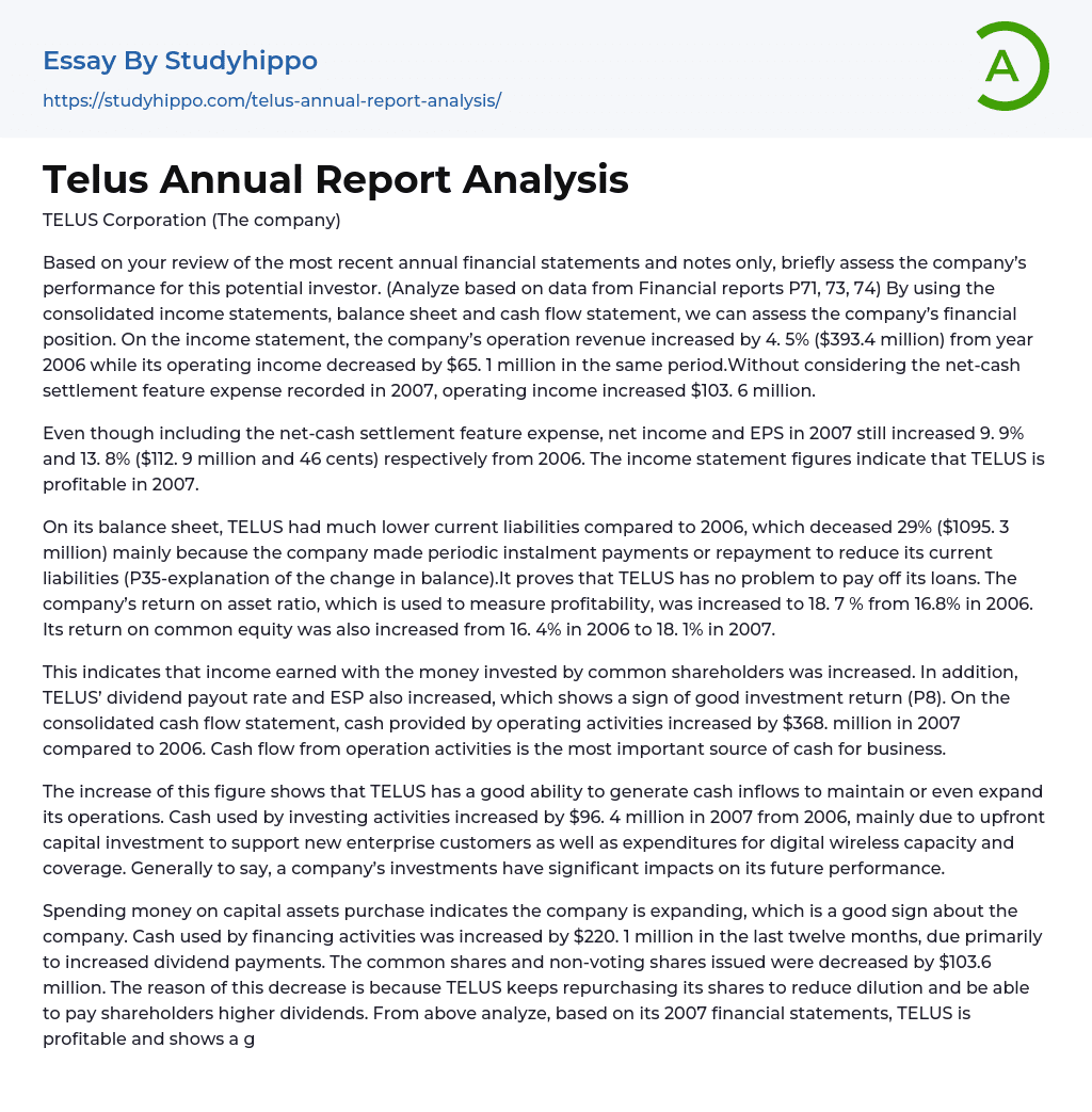 Telus Annual Report Analysis Essay Example