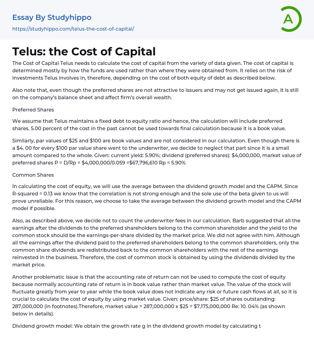 Telus: the Cost of Capital Essay Example