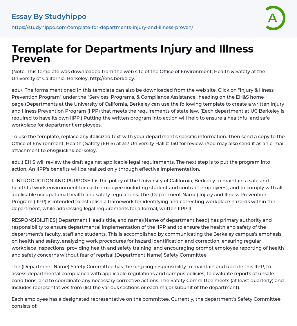Template for Departments Injury and Illness Preven Essay Example