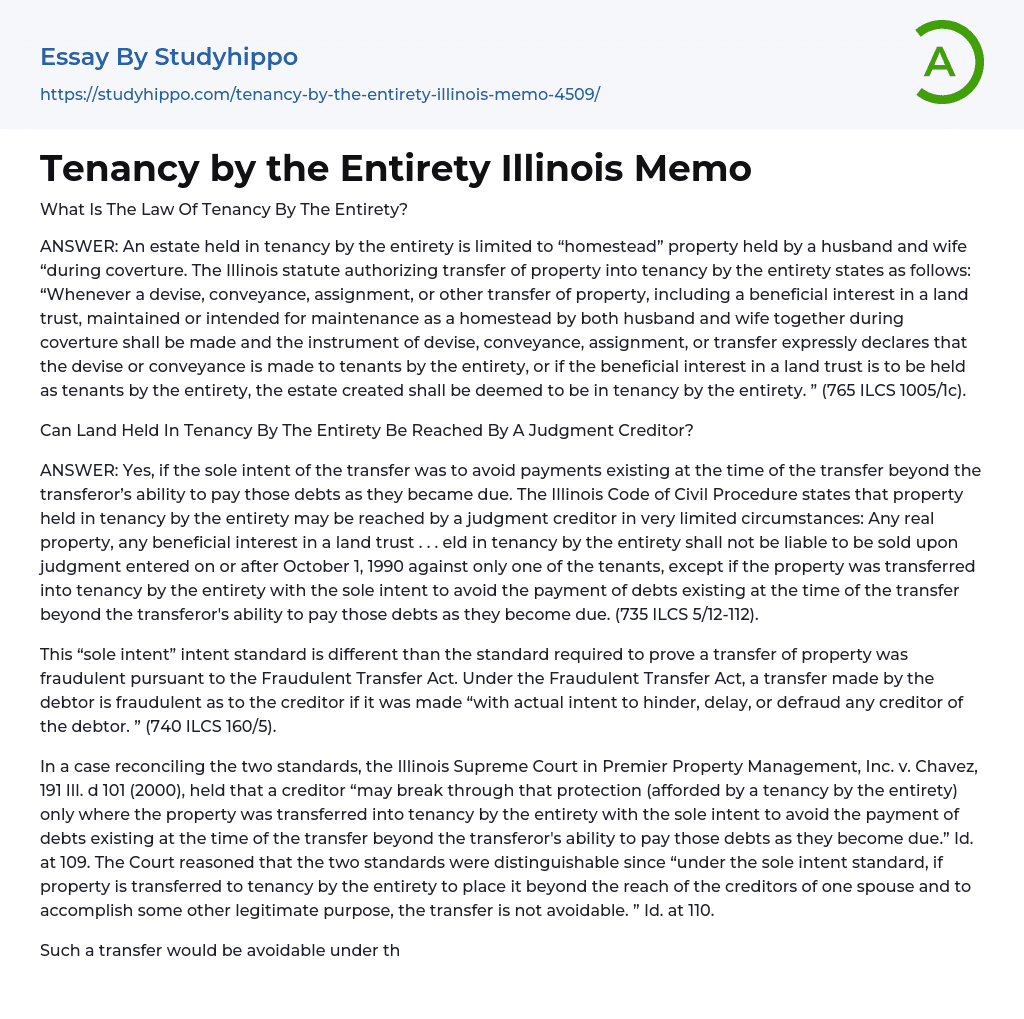 Tenancy by the Entirety Illinois Memo Essay Example